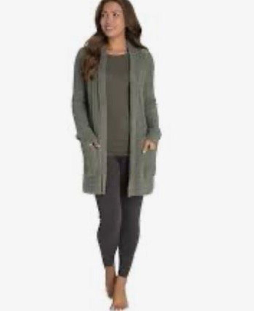 Barefoot Dreams CozyChic Ultra Lite Horizontal Rib Hooded Cardigan Smokey Green